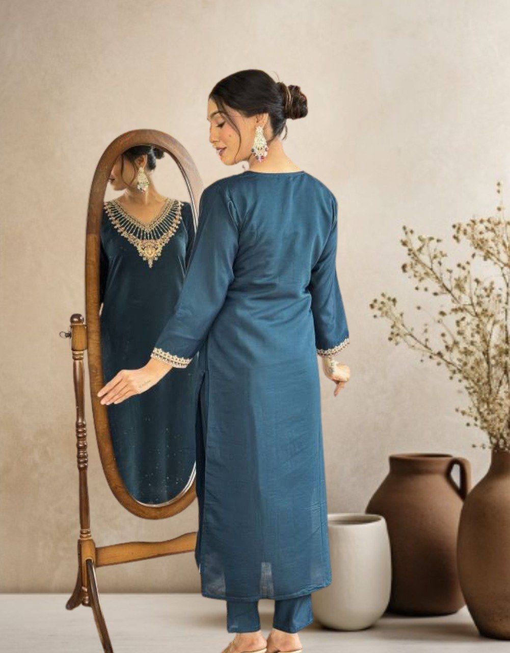 Women's Embroidered Chanderi Kurta Pant Set with Chinon Dupatta