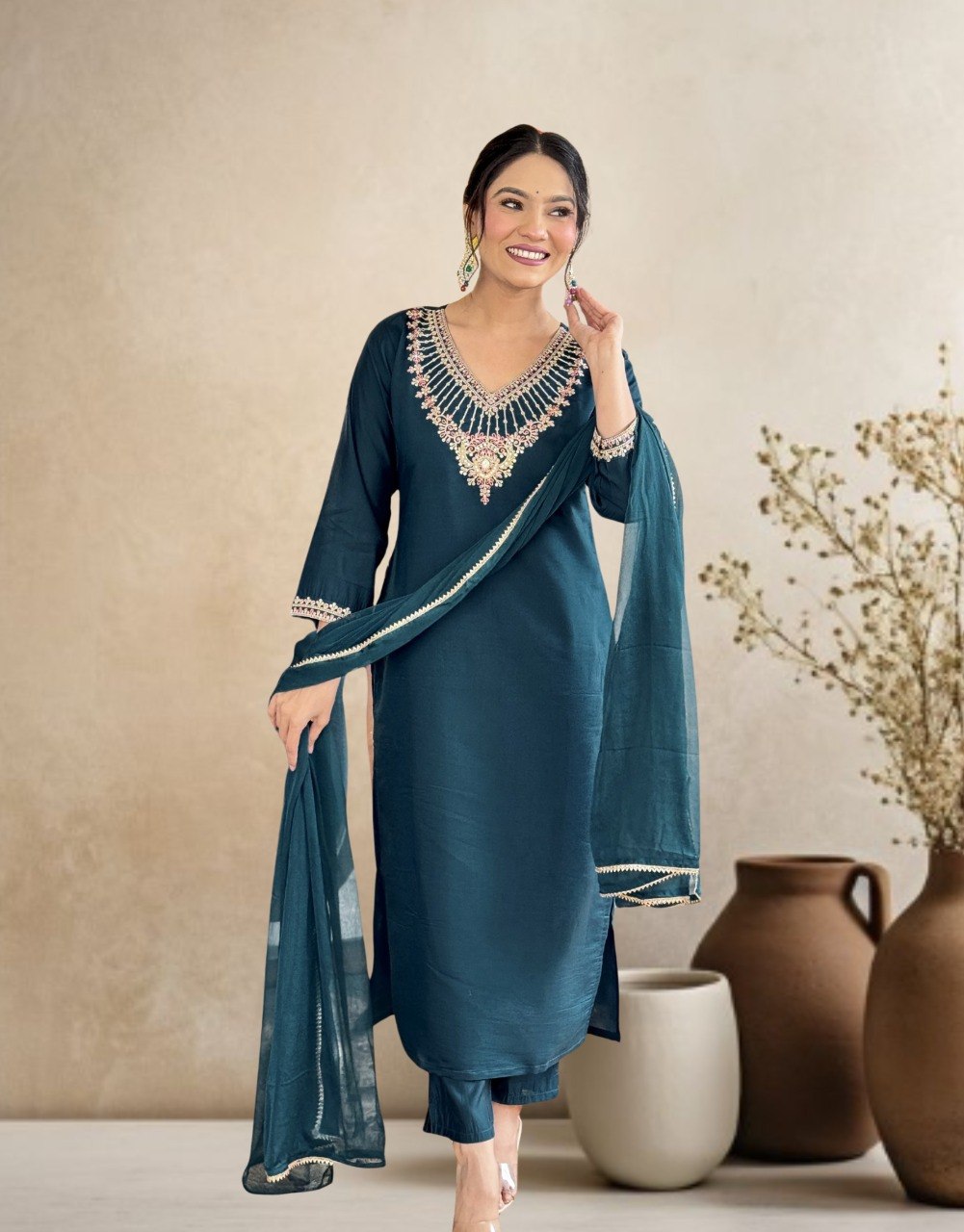 Women's Embroidered Chanderi Kurta Pant Set with Chinon Dupatta
