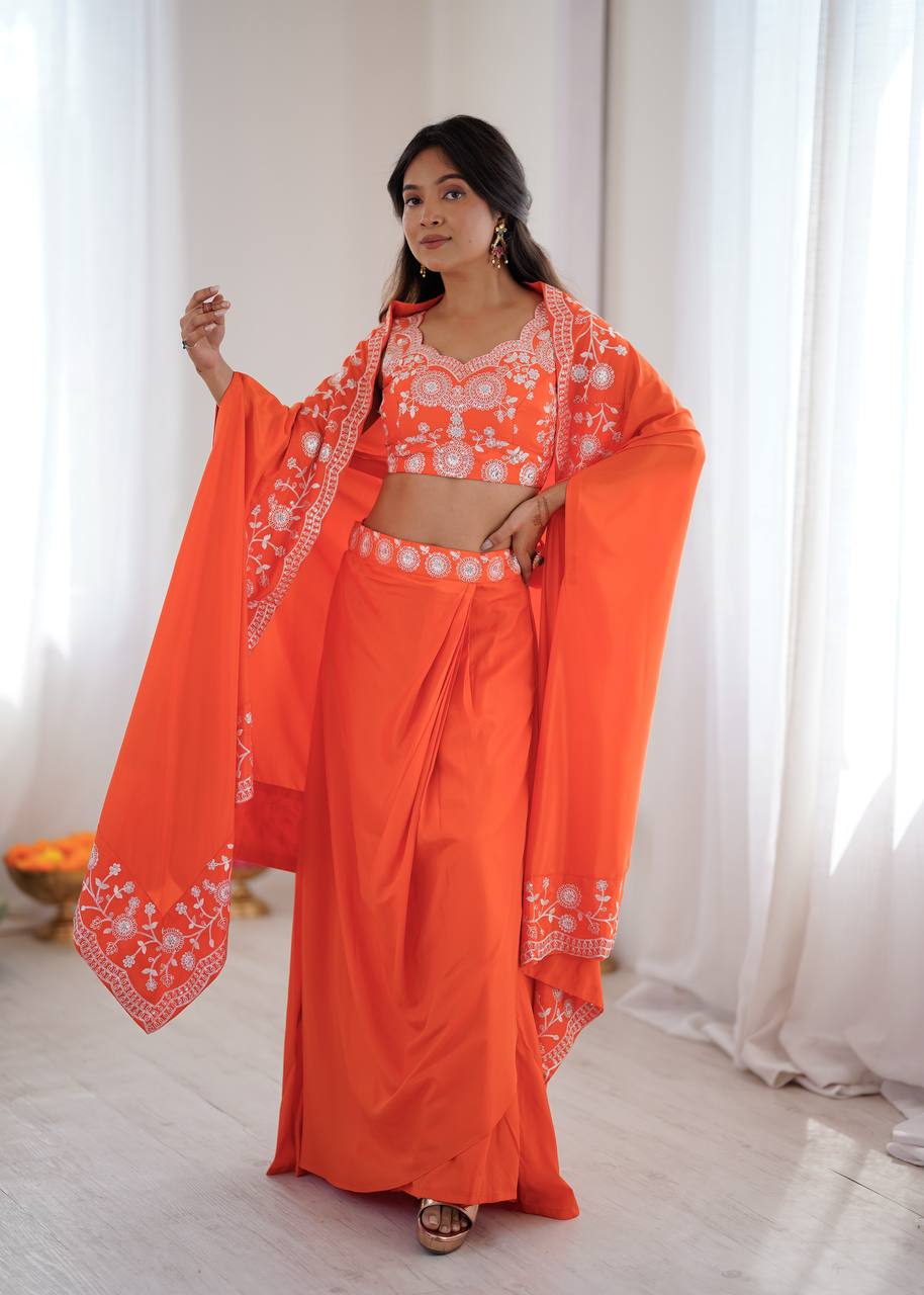 Women's French Crepe Embroidered Dhoti Set with Shrug and Choli
