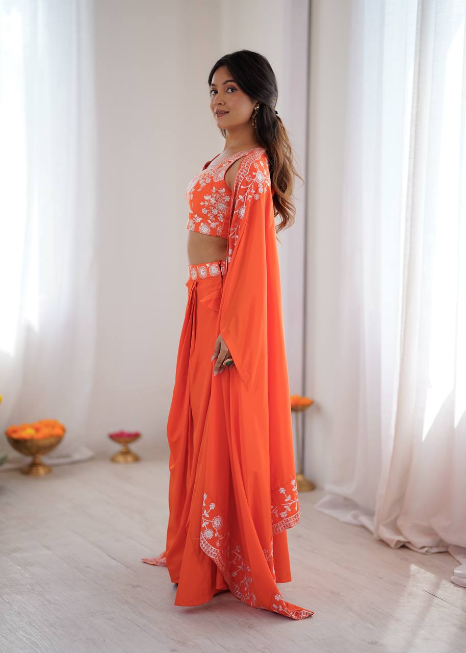 Women's French Crepe Embroidered Dhoti Set with Shrug and Choli