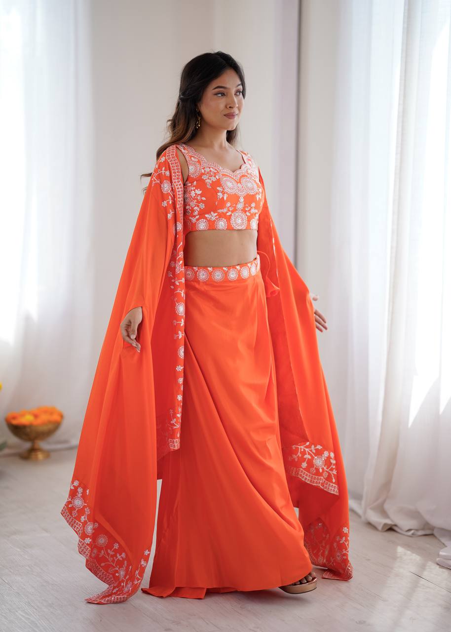 Women's French Crepe Embroidered Dhoti Set with Shrug and Choli