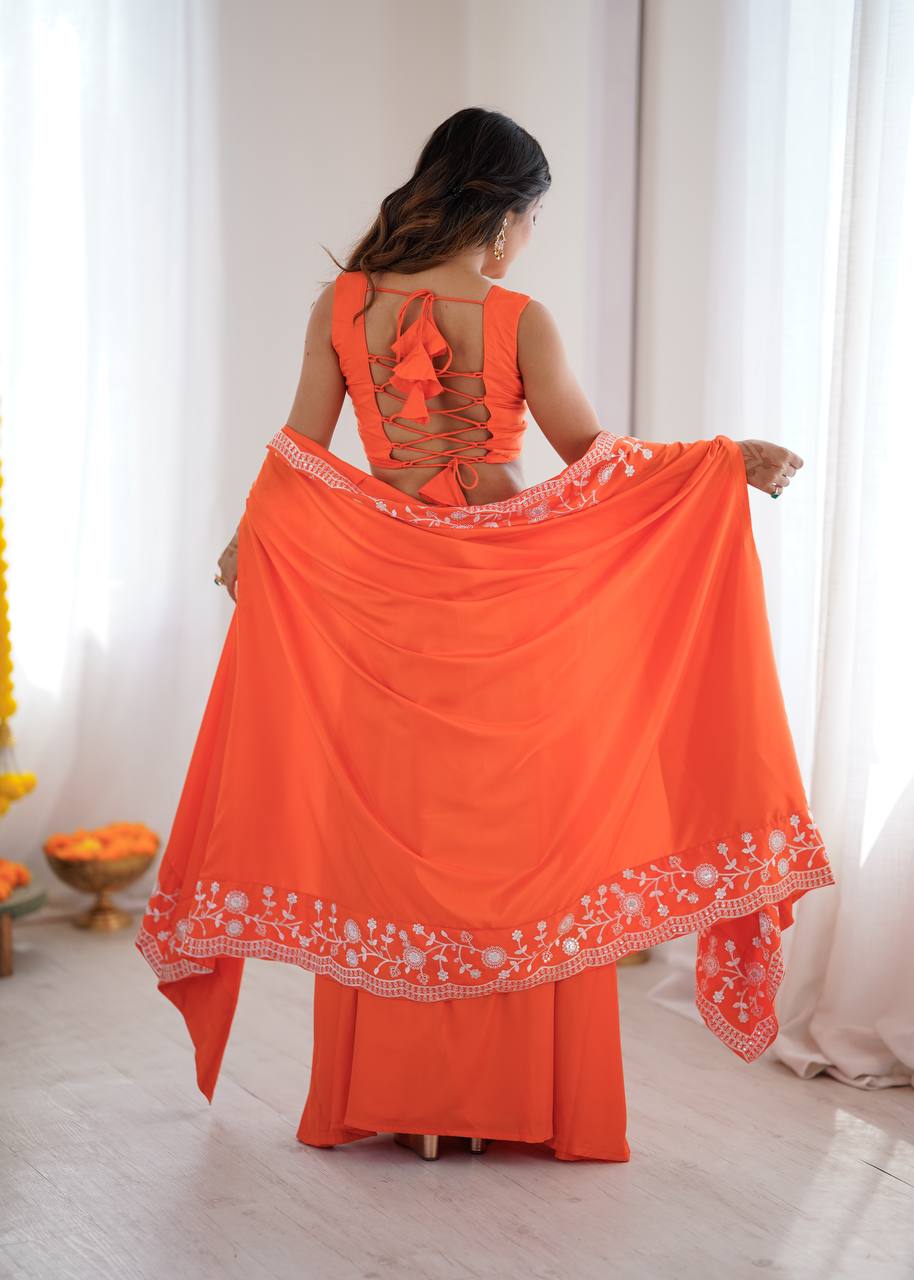 Women's French Crepe Embroidered Dhoti Set with Shrug and Choli