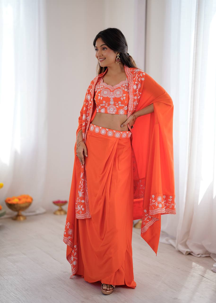 Women's French Crepe Embroidered Dhoti Set with Shrug and Choli