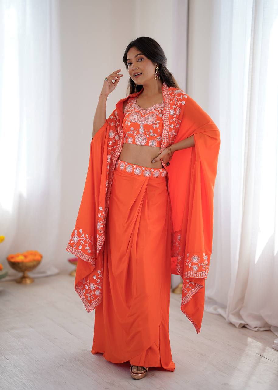 Women's French Crepe Embroidered Dhoti Set with Shrug and Choli