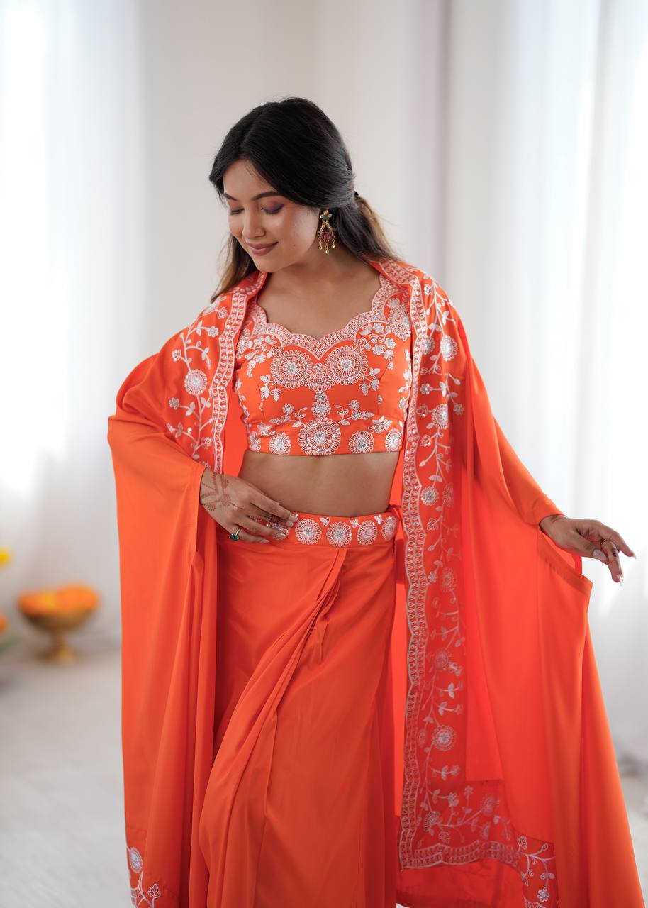 Women's French Crepe Embroidered Dhoti Set with Shrug and Choli