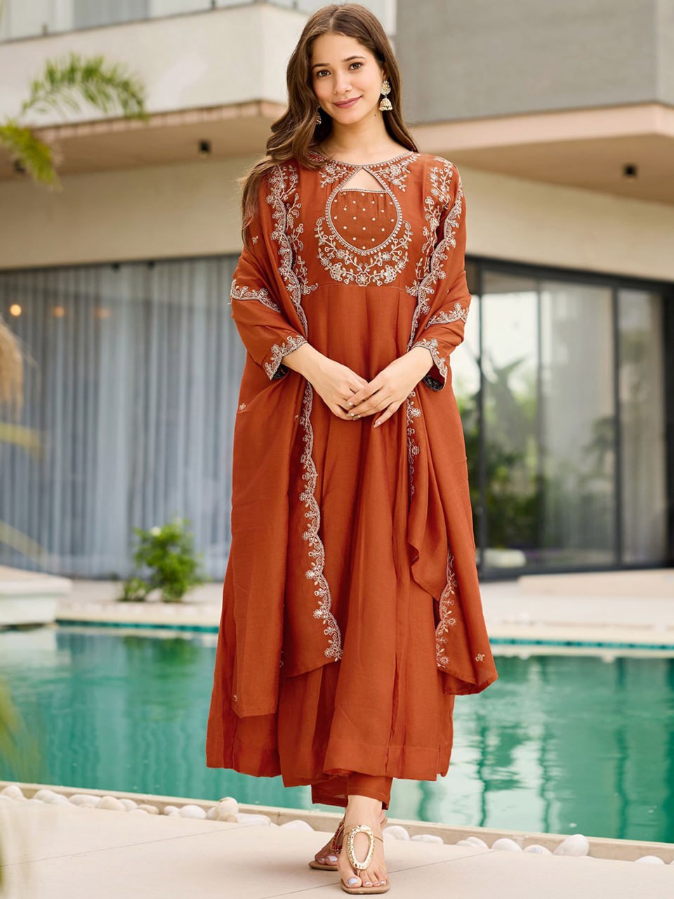 Vichitra Fabric Straight Kurta Pant Dupatta Set