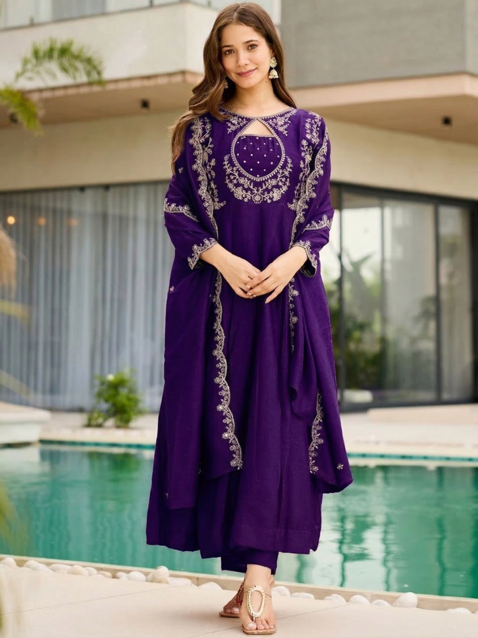 Vichitra Fabric Straight Kurta Pant Dupatta Set