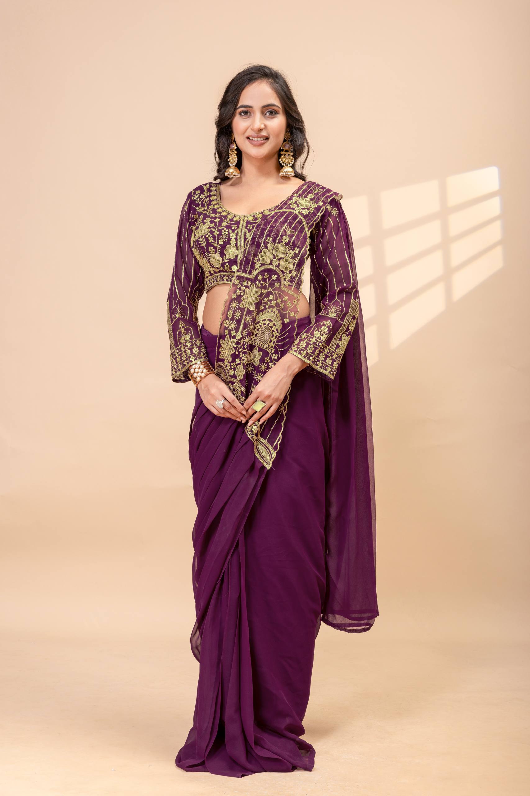 Ready to Wear Faux Georgette Embroidered Saree with Fully Stitched Blouse