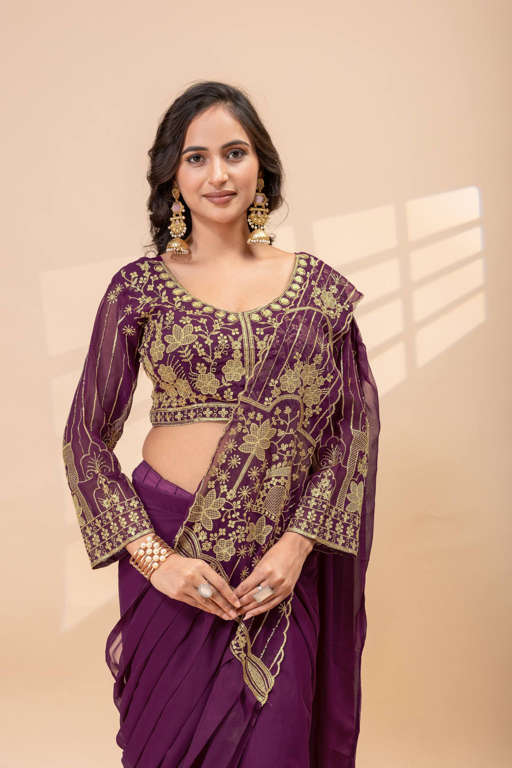 Ready to Wear Faux Georgette Embroidered Saree with Fully Stitched Blouse