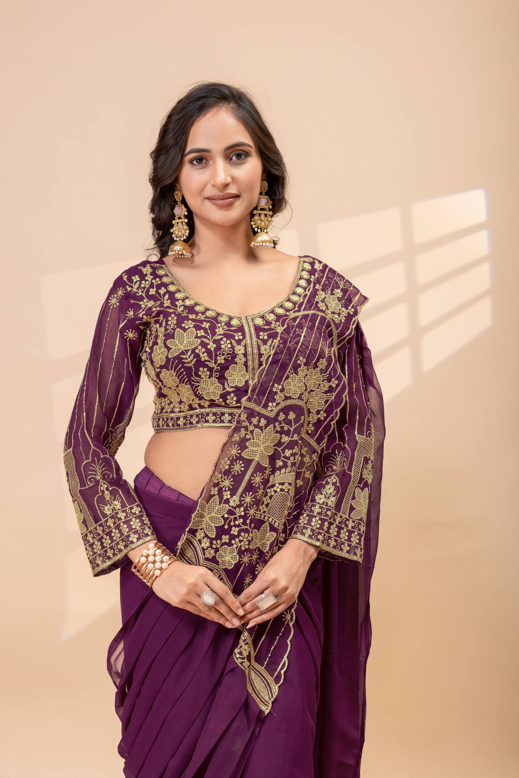 Ready to Wear Faux Georgette Embroidered Saree with Fully Stitched Blouse