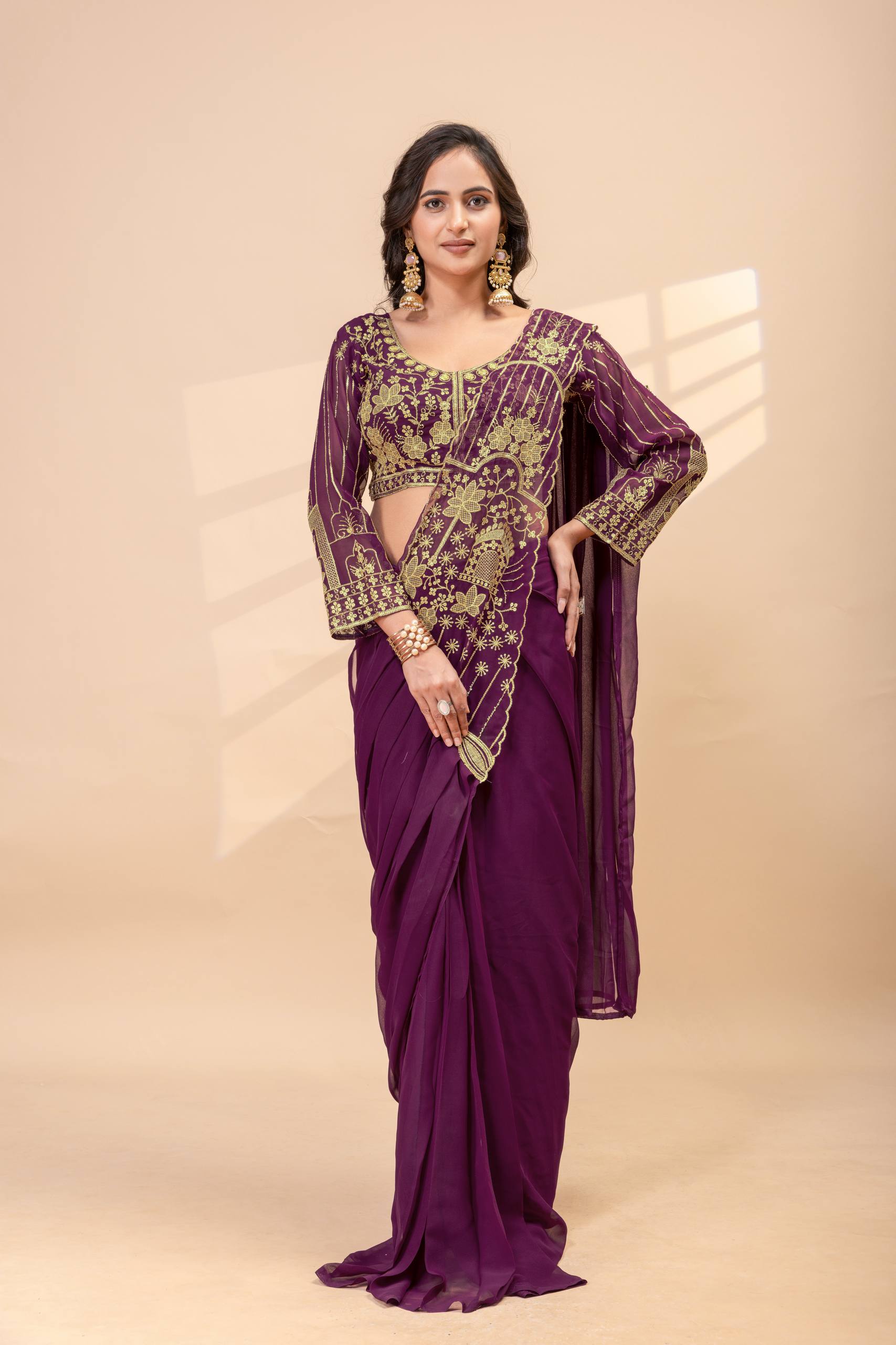 Ready to Wear Faux Georgette Embroidered Saree with Fully Stitched Blouse