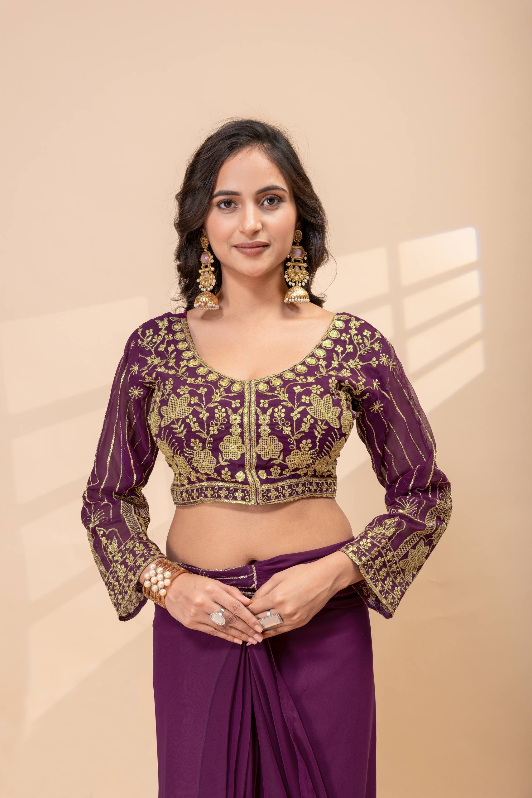 Ready to Wear Faux Georgette Embroidered Saree with Fully Stitched Blouse