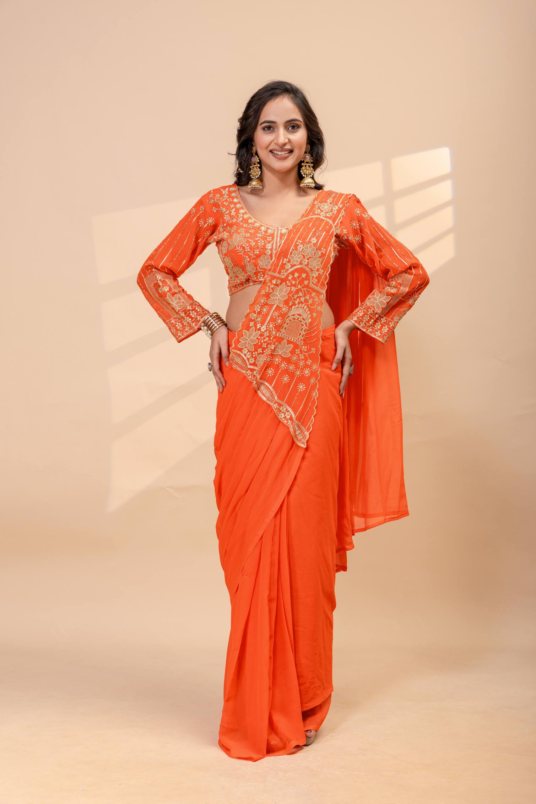 Ready to Wear Faux Georgette Embroidered Saree with Fully Stitched Blouse