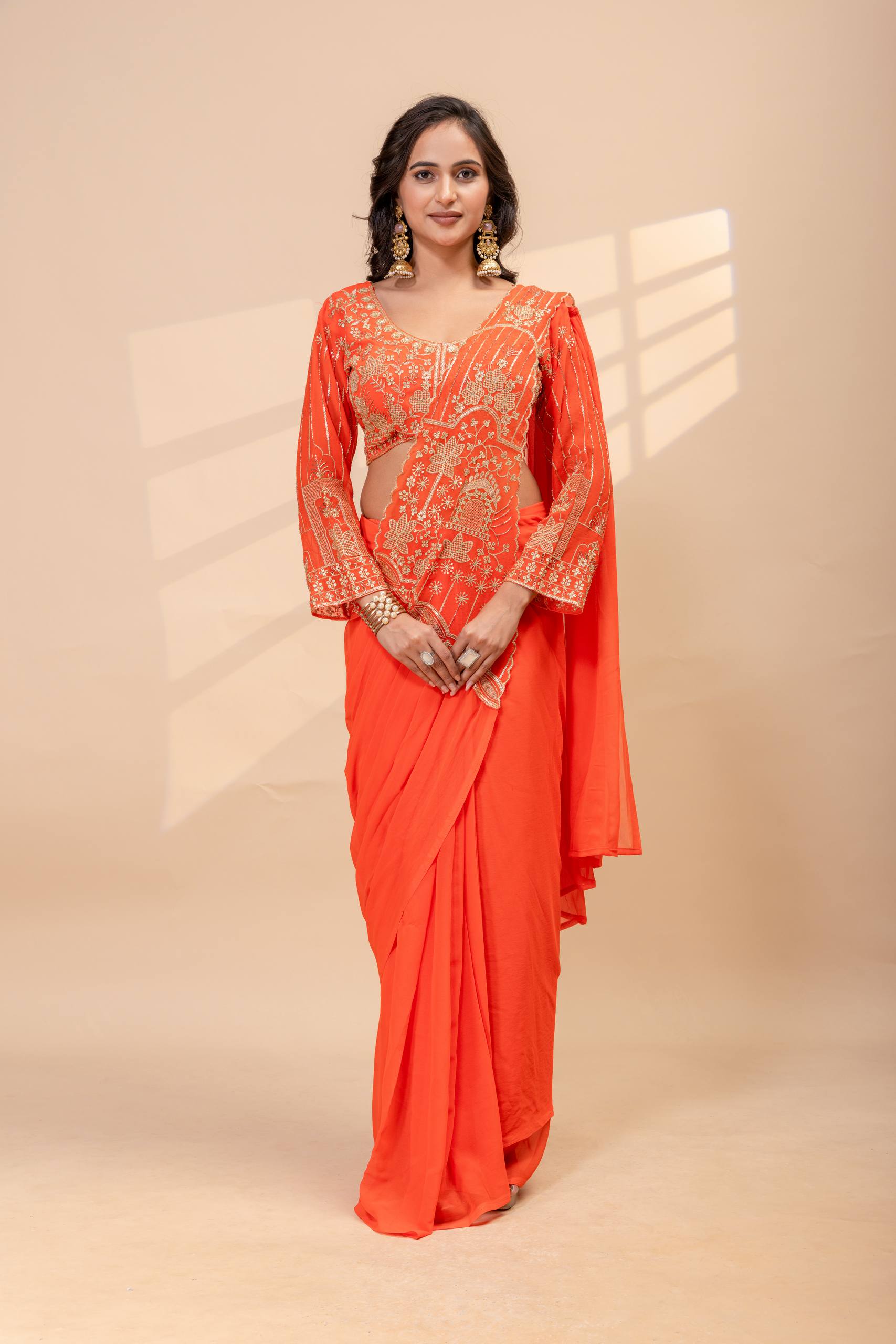 Ready to Wear Faux Georgette Embroidered Saree with Fully Stitched Blouse