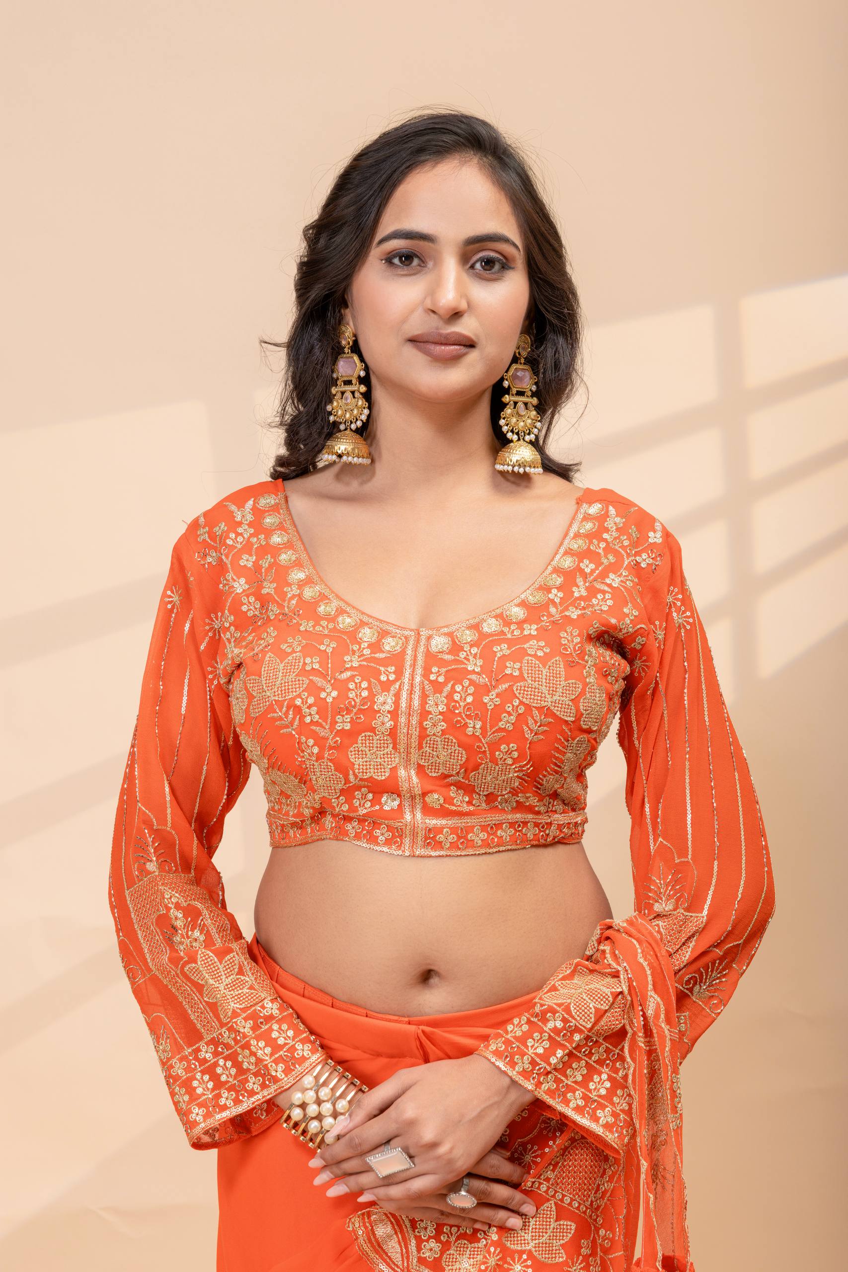Ready to Wear Faux Georgette Embroidered Saree with Fully Stitched Blouse