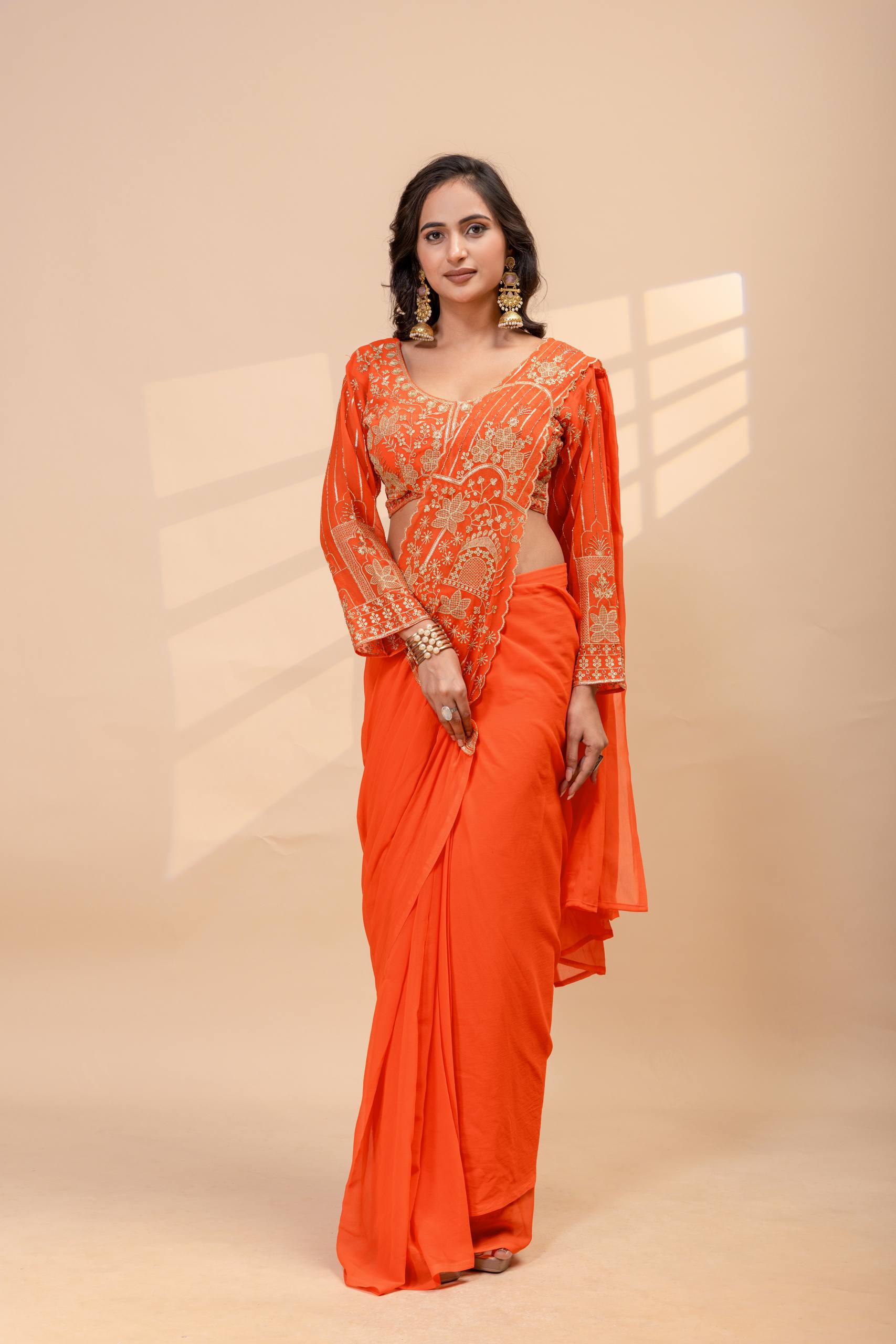 Ready to Wear Faux Georgette Embroidered Saree with Fully Stitched Blouse
