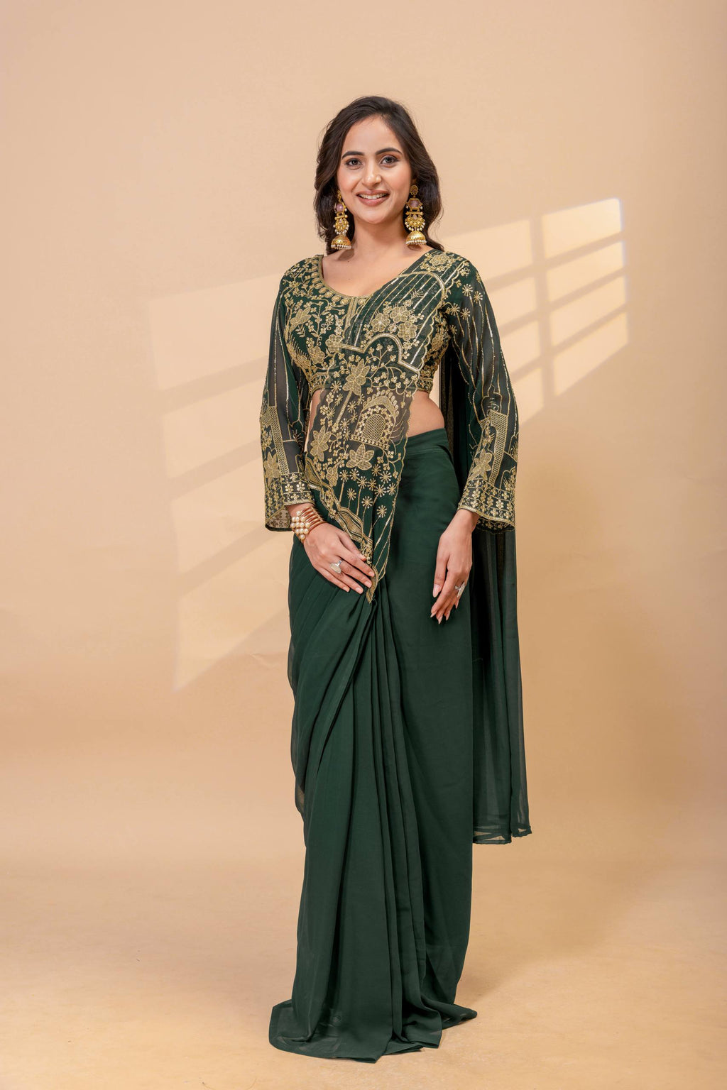 Ready to Wear Faux Georgette Embroidered Saree with Fully Stitched Blouse