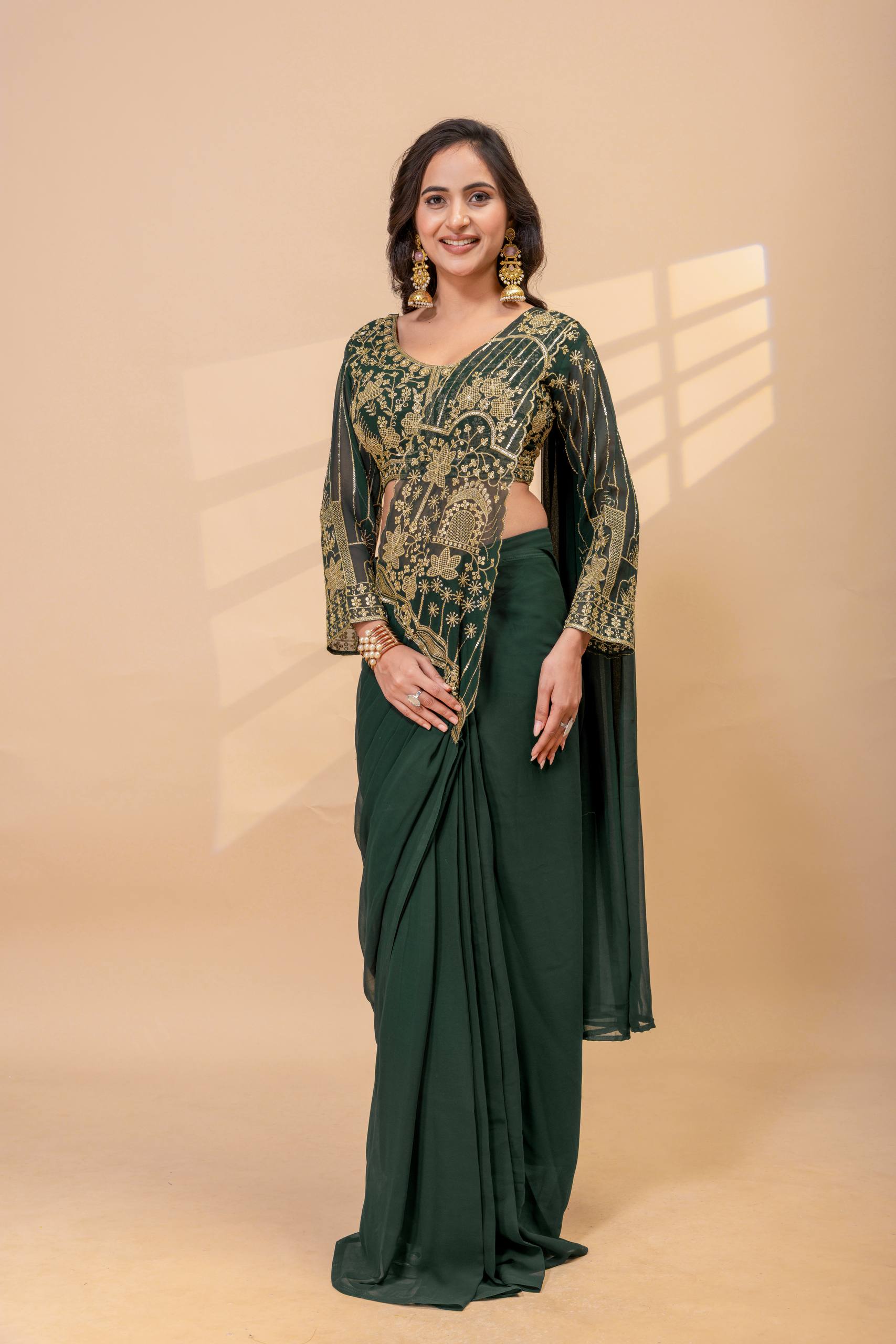 Ready to Wear Faux Georgette Embroidered Saree with Fully Stitched Blouse