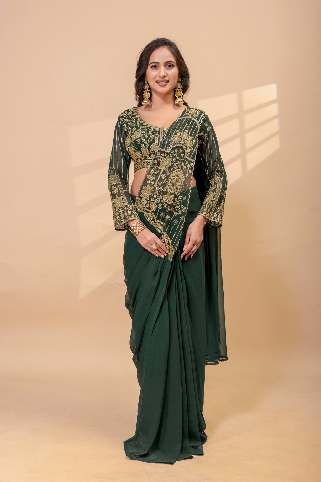 Ready to Wear Faux Georgette Embroidered Saree with Fully Stitched Blouse