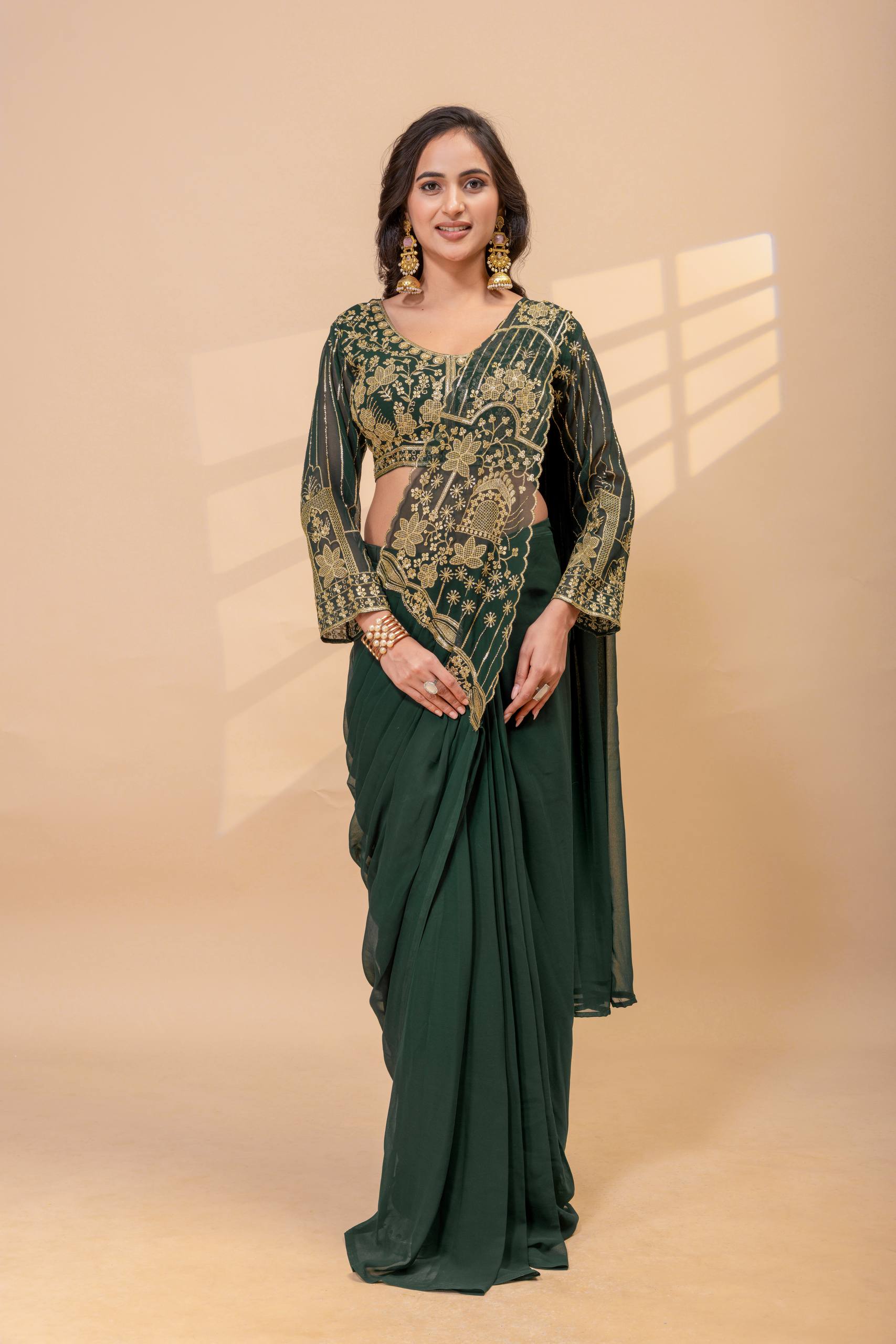 Ready to Wear Faux Georgette Embroidered Saree with Fully Stitched Blouse
