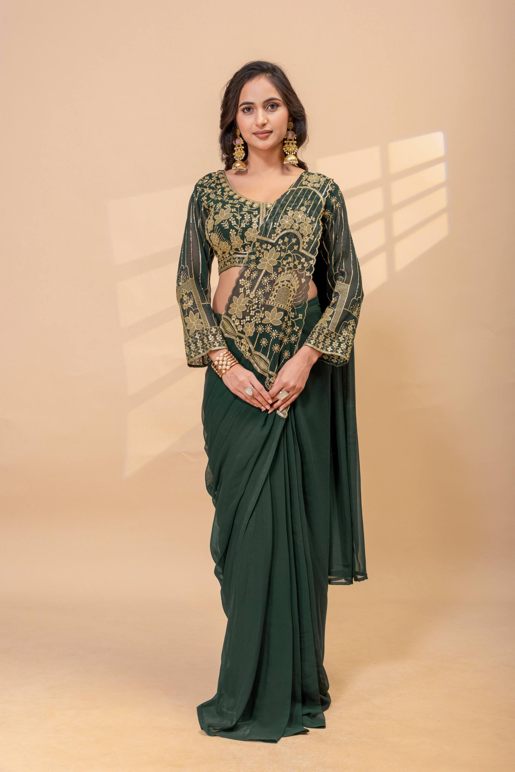 Ready to Wear Faux Georgette Embroidered Saree with Fully Stitched Blouse