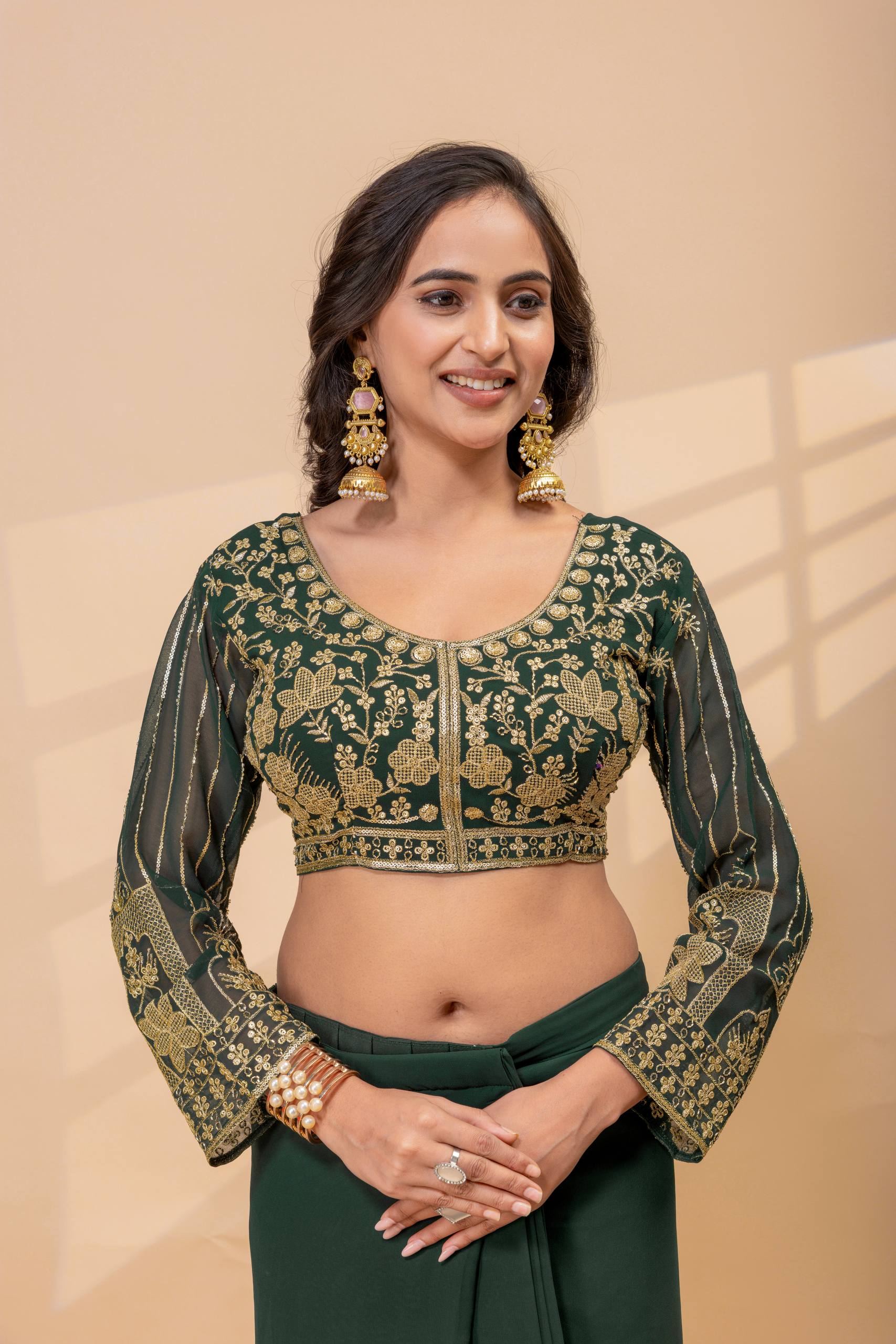 Ready to Wear Faux Georgette Embroidered Saree with Fully Stitched Blouse