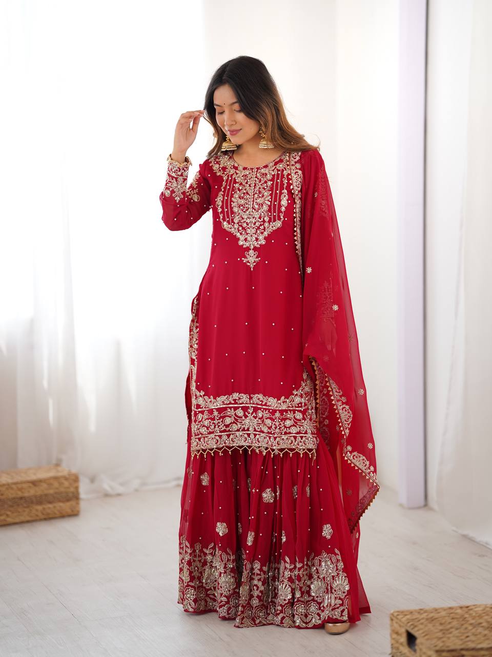 Women's Faux Georgette Embroidered Sharara Set with Dupatta