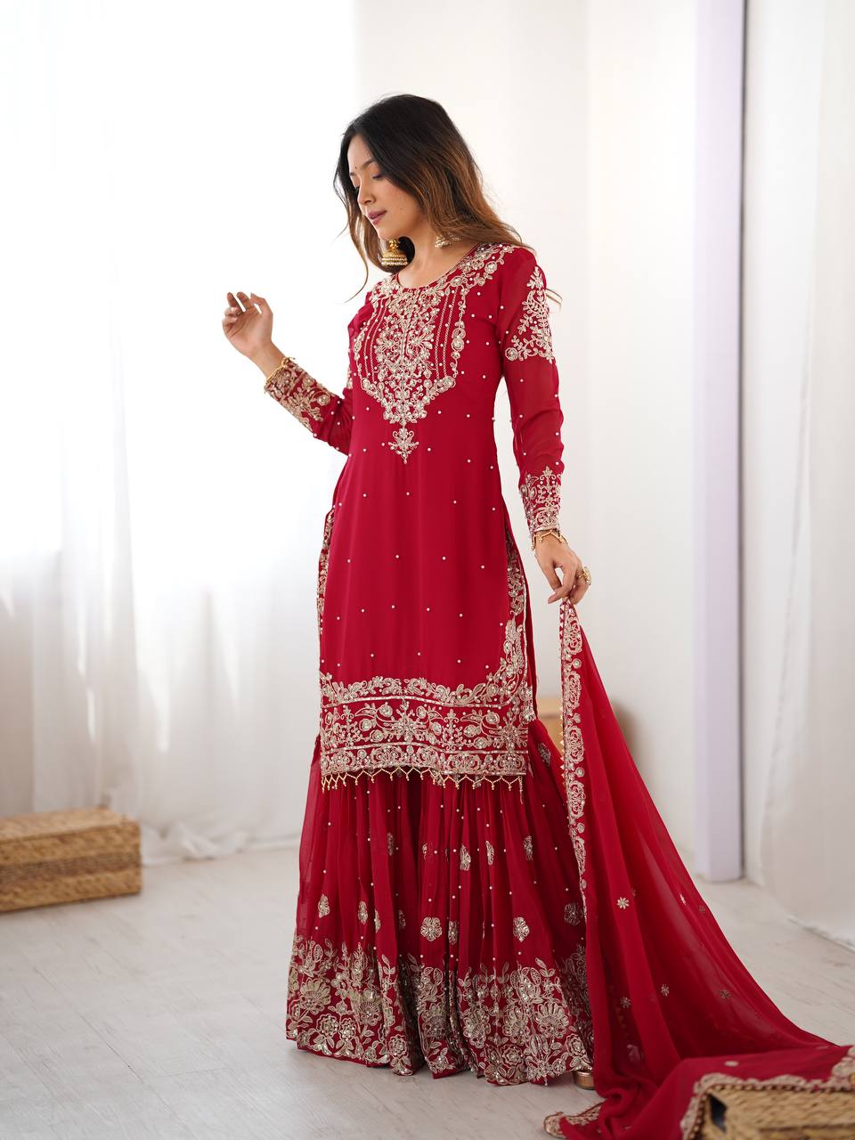 Women's Faux Georgette Embroidered Sharara Set with Dupatta