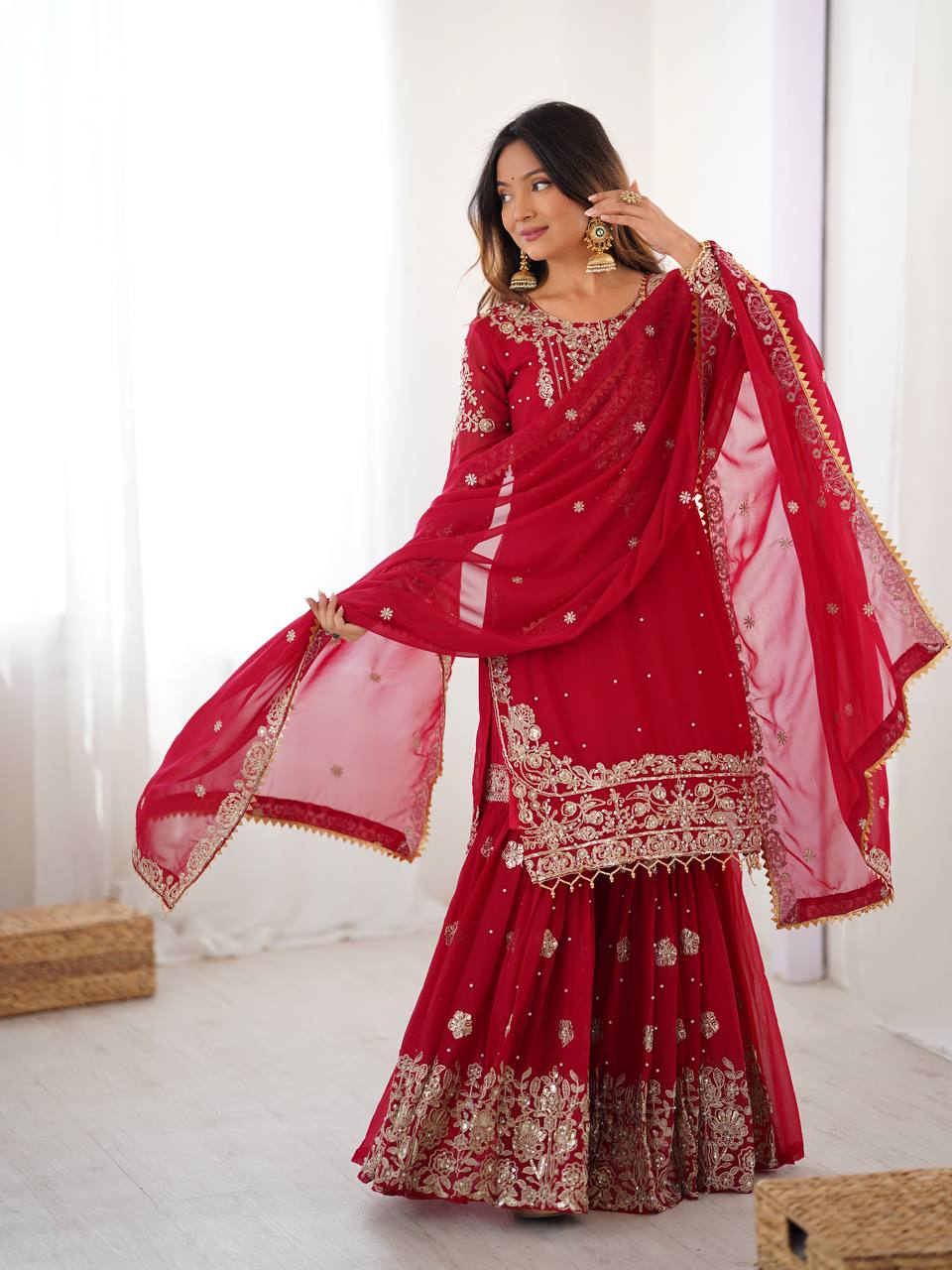 Women's Faux Georgette Embroidered Sharara Set with Dupatta