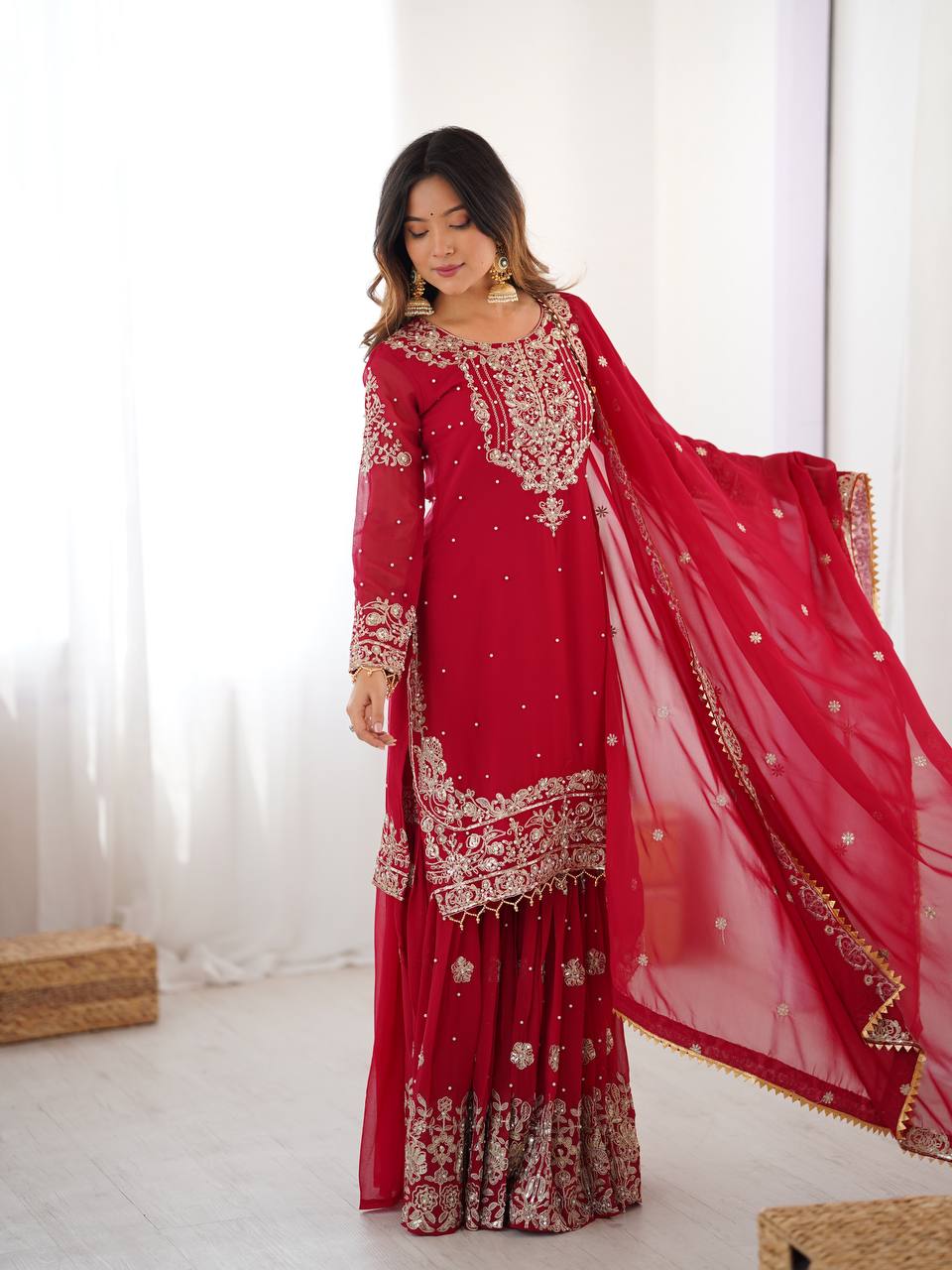Women's Faux Georgette Embroidered Sharara Set with Dupatta