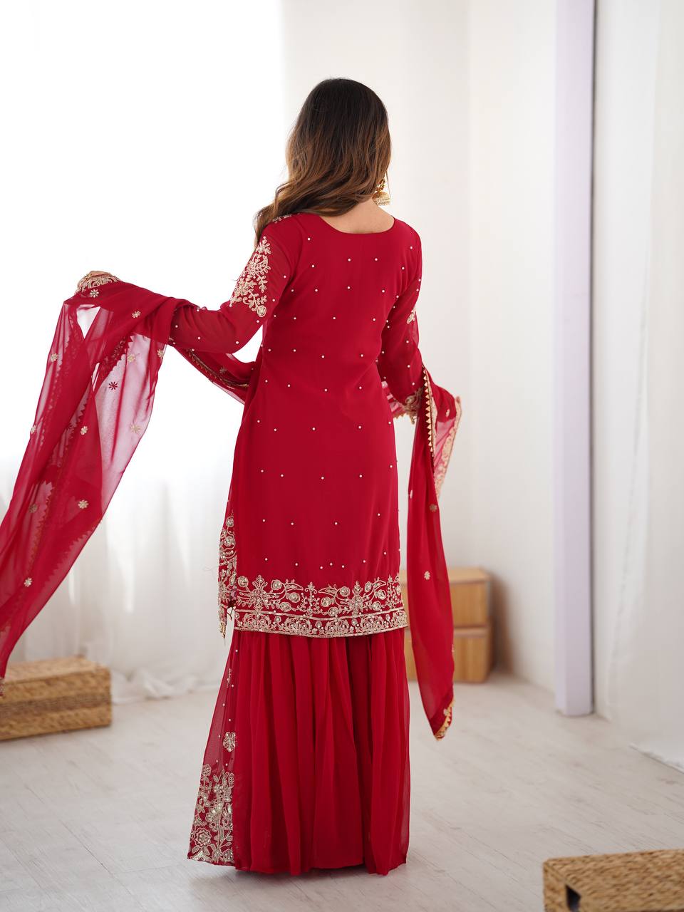 Women's Faux Georgette Embroidered Sharara Set with Dupatta