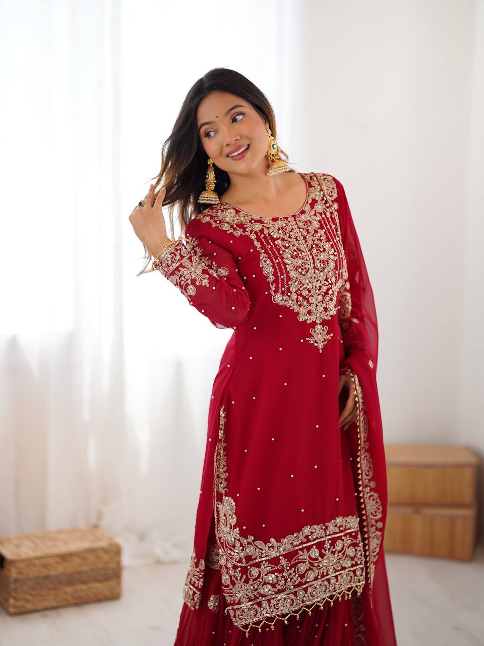 Women's Faux Georgette Embroidered Sharara Set with Dupatta