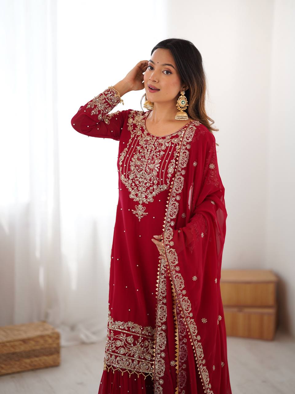 Women's Faux Georgette Embroidered Sharara Set with Dupatta
