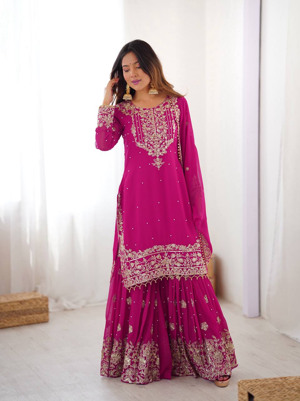 Women's Faux Georgette Embroidered Sharara Set with Dupatta