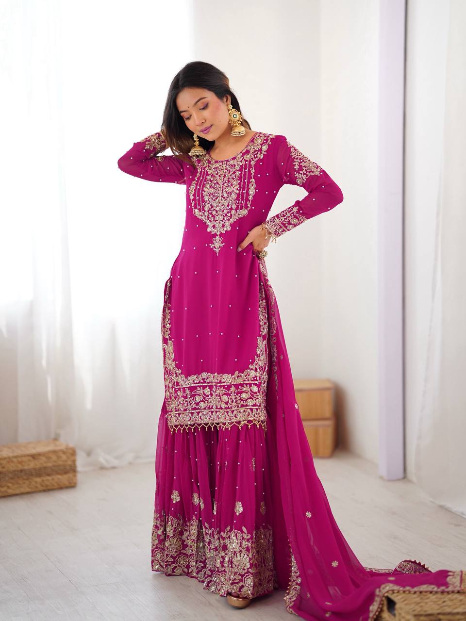 Women's Faux Georgette Embroidered Sharara Set with Dupatta
