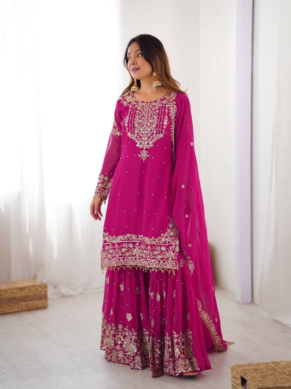 Women's Faux Georgette Embroidered Sharara Set with Dupatta