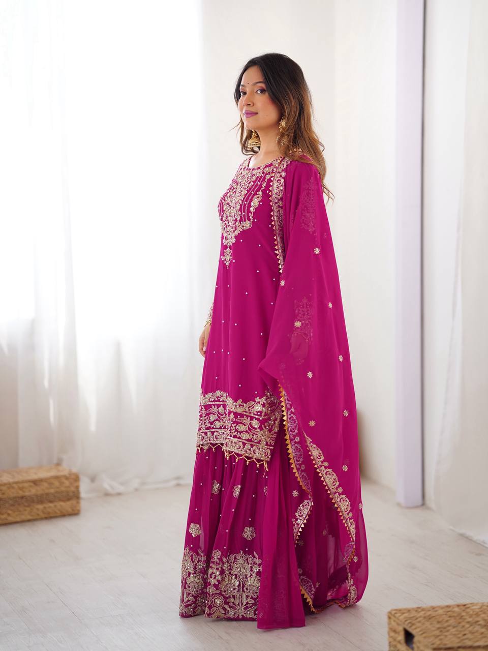 Women's Faux Georgette Embroidered Sharara Set with Dupatta