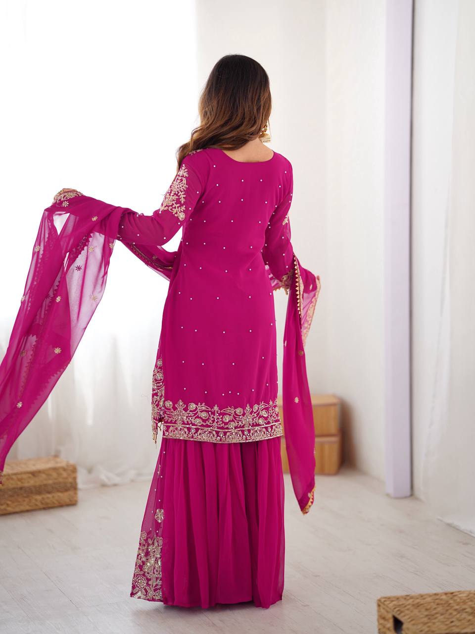 Women's Faux Georgette Embroidered Sharara Set with Dupatta