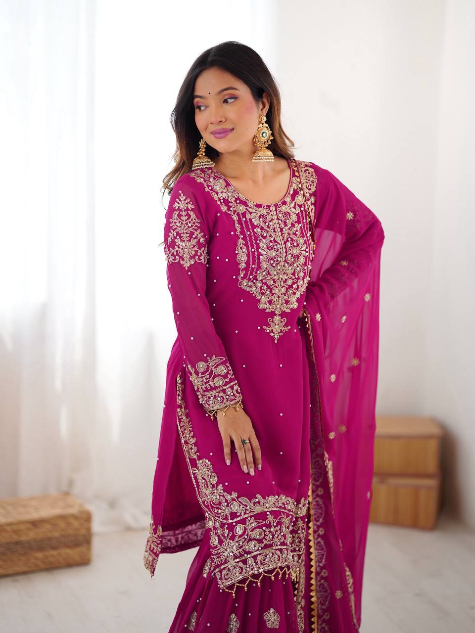 Women's Faux Georgette Embroidered Sharara Set with Dupatta