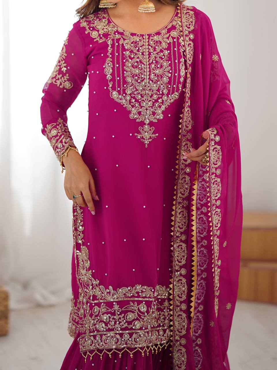Women's Faux Georgette Embroidered Sharara Set with Dupatta