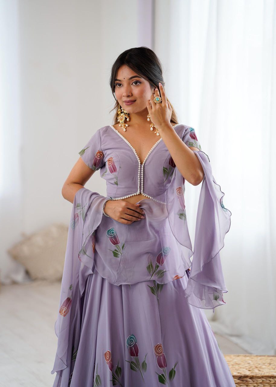 Pure Georgette Hand-Painted Lehenga Choli with Pearl Lace Blouse & Cascade Dupatta