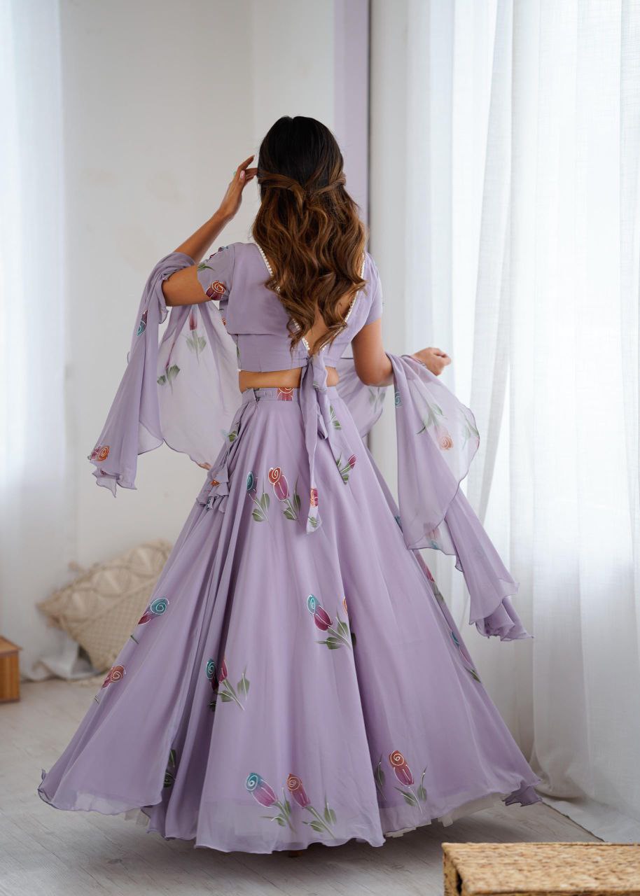 Pure Georgette Hand-Painted Lehenga Choli with Pearl Lace Blouse & Cascade Dupatta