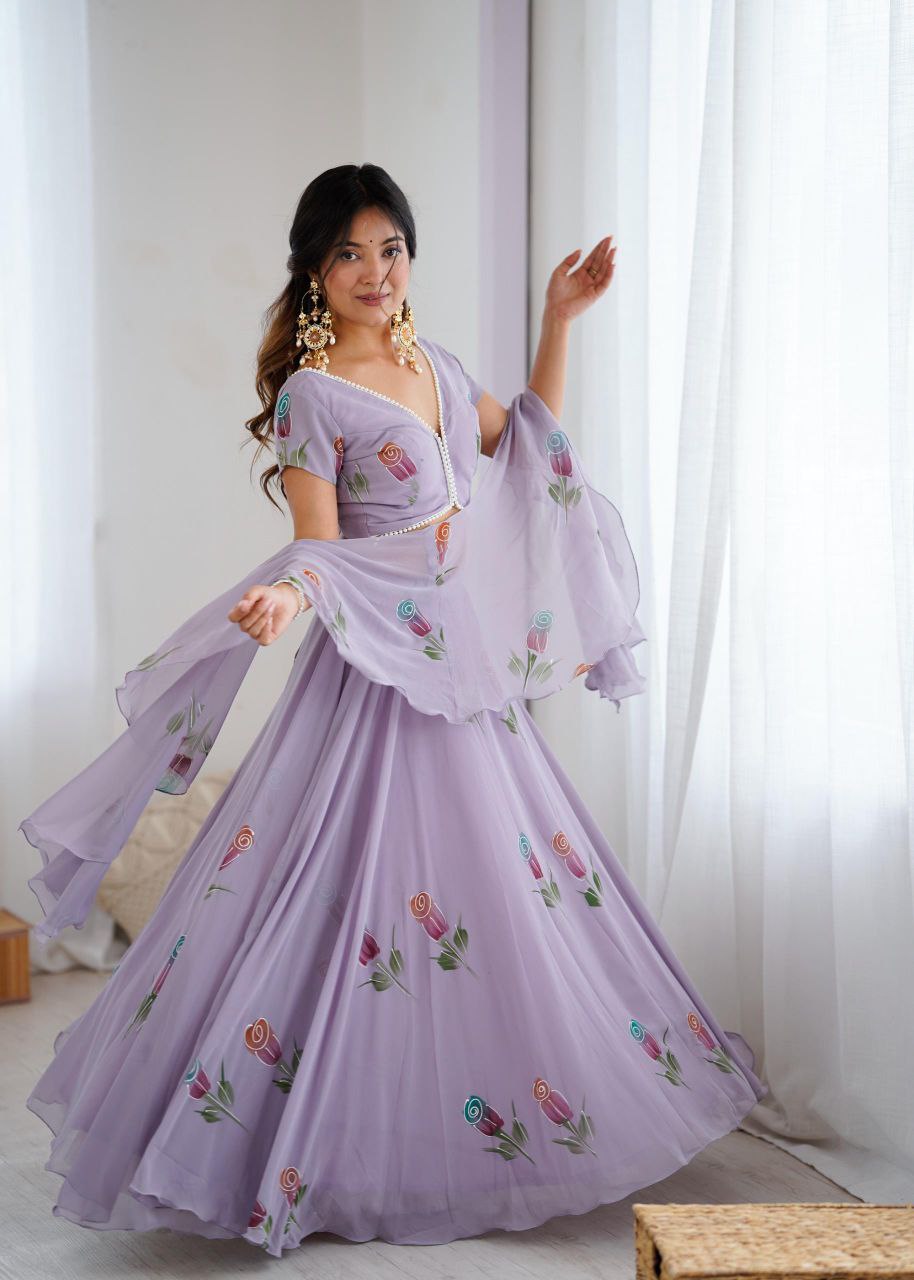 Pure Georgette Hand-Painted Lehenga Choli with Pearl Lace Blouse & Cascade Dupatta