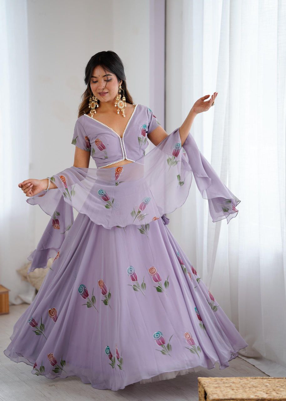 Pure Georgette Hand-Painted Lehenga Choli with Pearl Lace Blouse & Cascade Dupatta