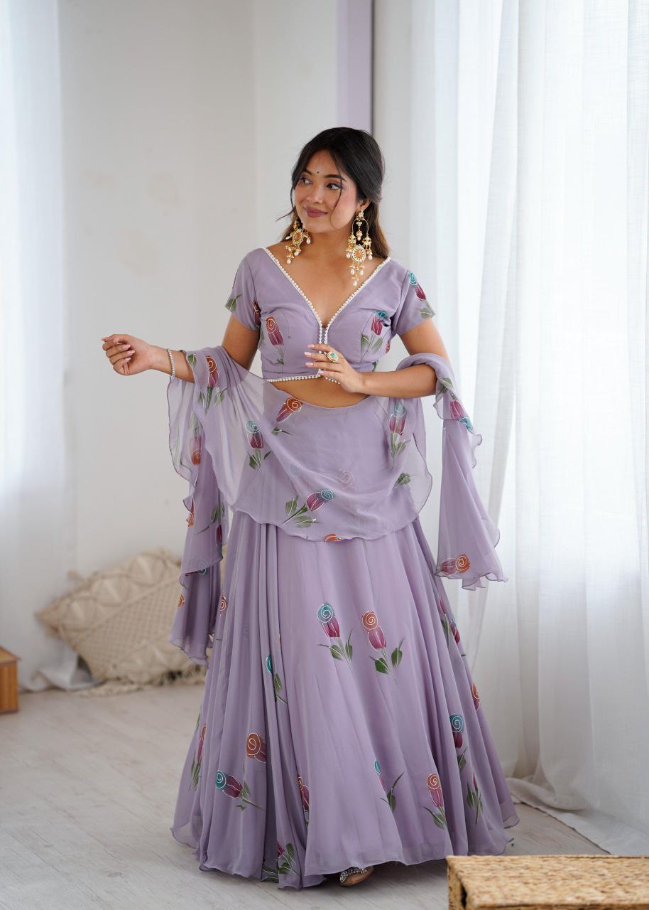 Pure Georgette Hand-Painted Lehenga Choli with Pearl Lace Blouse & Cascade Dupatta