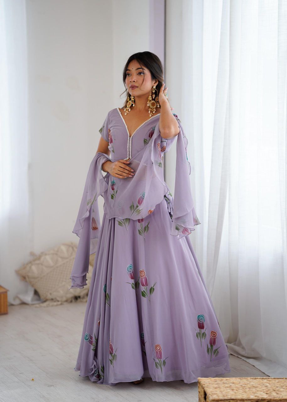 Pure Georgette Hand-Painted Lehenga Choli with Pearl Lace Blouse & Cascade Dupatta