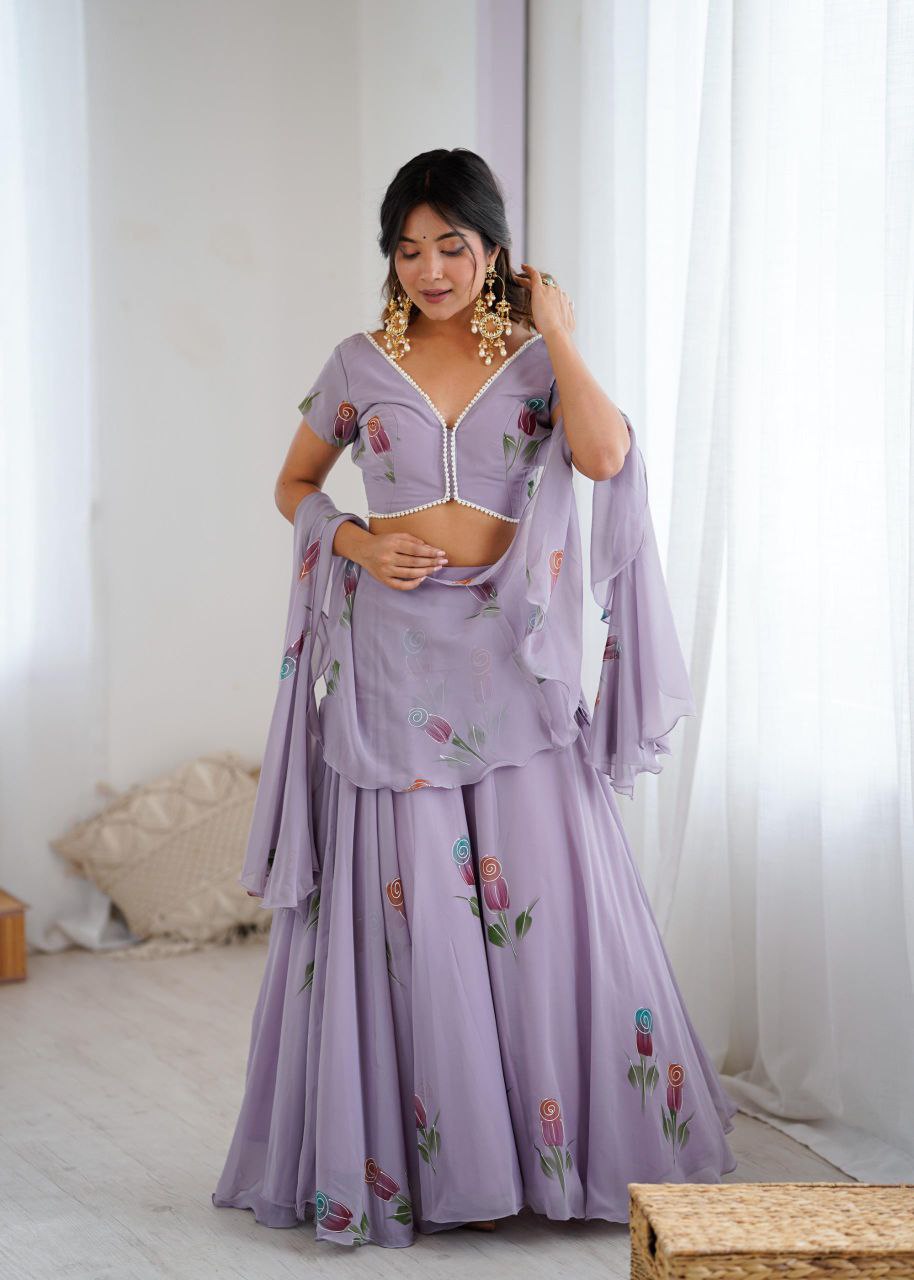 Pure Georgette Hand-Painted Lehenga Choli with Pearl Lace Blouse & Cascade Dupatta