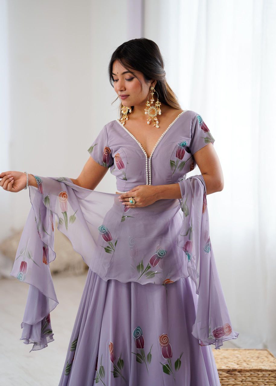 Pure Georgette Hand-Painted Lehenga Choli with Pearl Lace Blouse & Cascade Dupatta