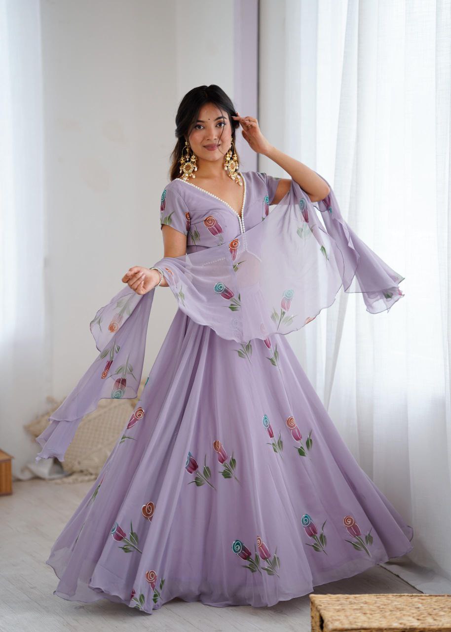 Pure Georgette Hand-Painted Lehenga Choli with Pearl Lace Blouse & Cascade Dupatta