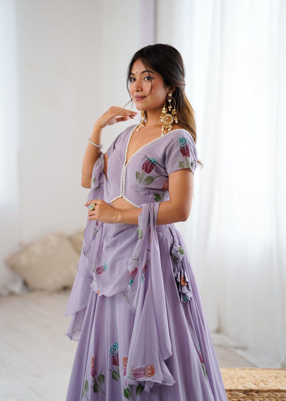 Pure Georgette Hand-Painted Lehenga Choli with Pearl Lace Blouse & Cascade Dupatta